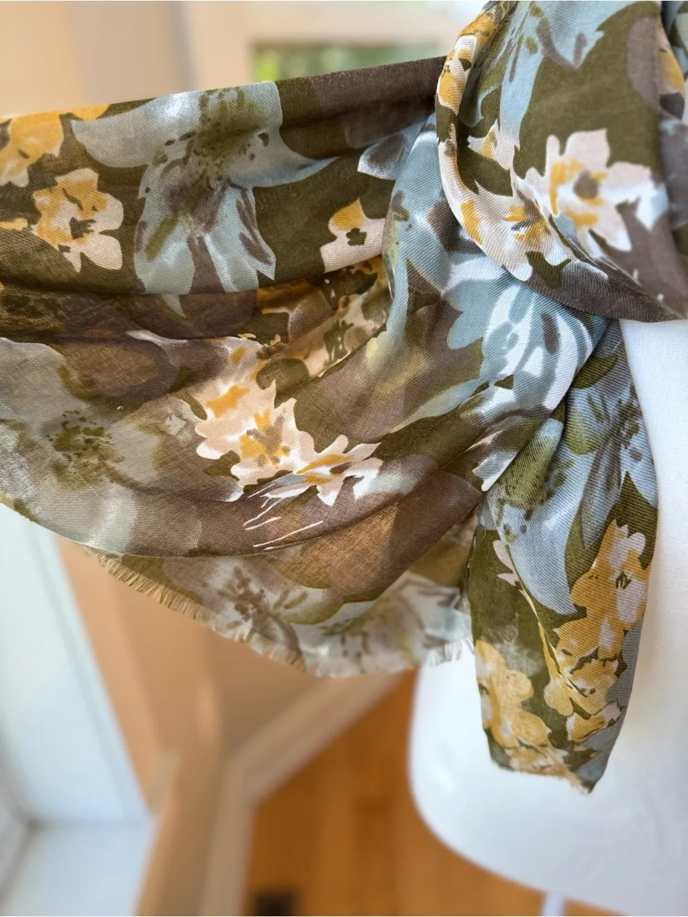 Vintage Olive Green Floral Woven Rectangle Wrap Scarf